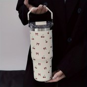 Resim 1parça Tulip Serisi Paslanmaz Çelik İzole Su Bardağı, 900ml/33.44oz Büyük Kapasiteli Yeniden Kullanılabilir Su Şişesi, Kulplu ve Çayır, Çift İçme Ağız, Düz Taban, Yalnızca El Yıkama 
