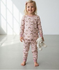 Resim Kız Çocuk Pamuklu Gökkuşağı Desenli Pijama Takımı-16274 Renkli 