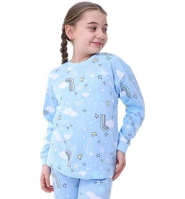Resim Kız Çocuk Gökkuşağı Desenli Uzun Kollu Pijama Takımı-1076 Mavi 