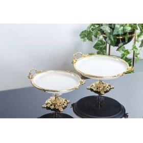 Resim Genel Markalar 5 PARCA AYAKLI DÖKÜM KENAR DETAYLARI MOTİFLİ PORSELEN SUNUM SETİ GOLD 