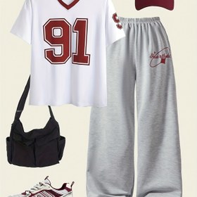 Resim 2 adet Rahat Moda Kız Dijital Desenli V Yaka Kısa Kollu ve Geniş Bacaklı Jogger Takımı, Dış Mekanlar İçin Mükemmel 