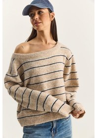 Resim Shade Kadın Bardot Yaka Çizgili Oversize Triko Kazak 2570 60283876 - Bej-lacivert Çok renkli 