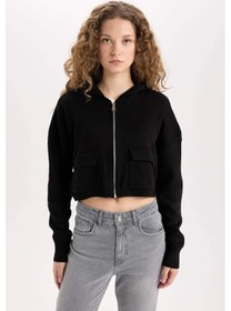 Resim DeFacto Regular Fit Kapüşonlu Basic Düz Fermuarlı Triko Hırka E2270AXNSBK81 Siyah 