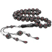 Resim Yoğun Gümüş İşlemeli Gerçek Erzurum Oltusu Kırmızı Tesbih Tespih N11.13376 