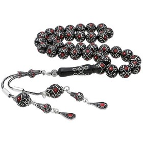 Resim Yoğun Gümüş İşlemeli Gerçek Erzurum Oltusu Kırmızı Tesbih Tespih N11.13376 