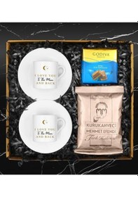 Resim Sevgililer Gününe Özel Tasarım İkili Porselen Türk Kahvesi Fincanı & Türk Kahvesi & Godiva Hediye Seti 