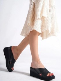 Resim Siyah Renk Rahat Dolgu Topuk Çapraz Bantlı Kadın Terlik 001 