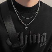 Resim 1 adet Lucky Star Çift Katmanlı Erkekler için Kolye, Trendy Kazak Zinciri, Benzersiz Hip-Hop Tarzı Çift Kilit Zinciri 