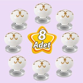 Resim 8 Adet Defne Altın Çizgili Beyaz Polimer Düğme Kulp Krom Tablalı Mobilya Mutfak Dolabı Çekmece Kulbu Kulpları 