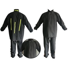 Resim Motorcu Yağmurluk Reflektör Çizgili Alt Üst Takım Yağmurluk Su Geçirmez Dikişsiz Fermuarlı Siyah Yağmurluk 