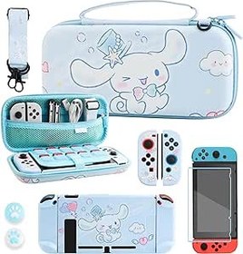 Resim RHOTALL Cute Carrying Travel Case for Nintendo Switch ,Blue Strap,Scratch Shockproof Slim Cover Case ,Screen Protectors and 2 Thumb Grip caps- Blue dog 