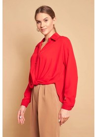 Resim Yakalı Önü Pileli Uzun Kol Likrasız Şık Kumaş Gömlek-kırmızı Kırmızı 