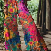 Resim Vintage Bohemian Çiçek Desenli Geniş Bacaklı Pantolon - Bol Kesim, Renkli Çiçek Deseni, Plaj ve Rahat Kıyafetler için Mükemmel, Tüm Mevsimler için Rahat, Rahat Kıyafet Pantolonları|Vintage Bohemian Tarzı|Süs Düğmeleri 