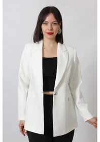 Resim Moda Berray 1904 Beyaz Fermuarlı Cep Aksesuarlı Kadın Büyük Beden Blazer Ceket Beyaz 