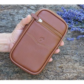 Resim MÇ DERİ Erkek Kemer Ve Omuz Askılı Telefon Çantası Floater Desenli Deri Hakiki Dana Derisinden Taba Renk 