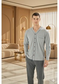 Resim Kly %100 Pamuk Büyük Beden Erkek Lüx Tasarım Pijama Takımı-gri-4xl Çok Renkli 