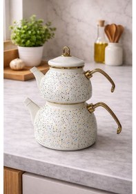 Resim Emaye Çaydanlık Takımı 2,3 L Suluk + 1,1 L Demlik Gold Detaylı Bej - Mavi 