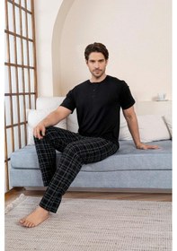 Resim Guava Erkek Modal 3 Düğmeli Ekose Desen Pamuk Likra Kısa Kol Cepli Pijama Takımı Siyah 
