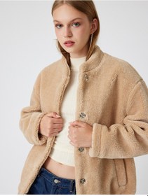 Resim Koton Oversize Peluş Ceket Cep Detaylı Çıtçıt Düğmeli Bomber Yaka Bej 5wal20117ıw Ekru 