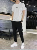 Resim DUBU BUTİK Stay Beyaz T-shirt Siyah Eşofman Altı Jogger - Baskılı Alt Üst Eşofman Takım Oversize Bisiklet Yaka 