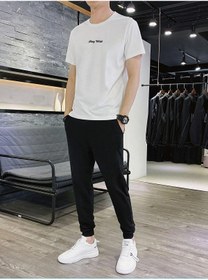 Resim DUBU BUTİK Stay Beyaz T-shirt Siyah Eşofman Altı Jogger - Baskılı Alt Üst Eşofman Takım Oversize Bisiklet Yaka 
