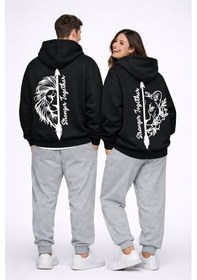 Resim Stronger Together Yazılı Aslan Kaplan Baskılı Beyaz Sevgili Kombi Siyah 