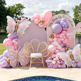 Resim 143 adet Kelebek Temalı Balon Seti Wreath Arch - Mor ve Pembe Balonlar ile Gümüş Kelebekler. Düğünler, Gelin Duşları, Kutlamalar, Danslar, Doğum Günleri, Bahar ve Yaz Dekorasyonları için uygun 