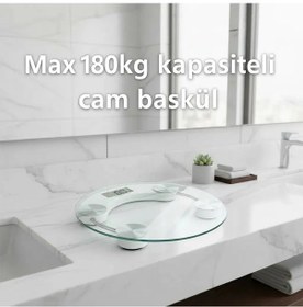 Resim Yuvarlak Şeffaf Dijital Cam Baskül Tartı - 180 Kg Taşıma Kapasitesi, Hassas Ölçüm, Şık Tasarım Terazi 