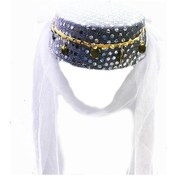 Resim Beyaz Duvaklı Altın Pul İşlemeli Kına Fesi Kına Şapkası Oryantal 