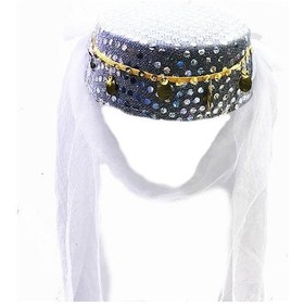 Resim Beyaz Duvaklı Altın Pul İşlemeli Kına Fesi Kına Şapkası Oryantal 