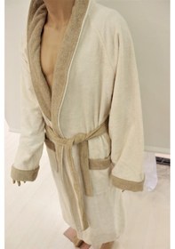Resim Krem Bej Kontrast Şalyaka Bornoz Unisex S/m Pamuklu Bukle Bornoz Krem - Bej 