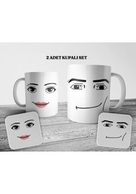 Resim Roblox Man & Woman Face 2 Adet Kupa Bardak Ve Bardak Altlığı Seti Beyaz 
