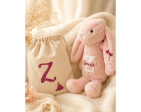 Resim Kişiye Özel Isimli Uyku Arkadaşı Peluş Tavşan ve Kese Bebek Hediyesi 
