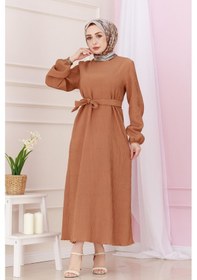 Resim Sevitli Beli Kuşaklı Luna Tesettür Elbise-taba-4889 Taba 