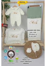 Resim Gros Shop Müslin Yeni Doğan 4katlı Organik %100pamuk Kişiye Özgü Nakışlı Hastane Çıkış Seti Papatya Model-3 Ekru-1 