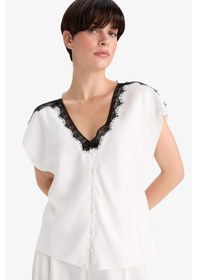 Resim Defacto Regular Fit V Yaka Saten Kısa Kollu Gömlek G4407ax25auer105 Ekru 