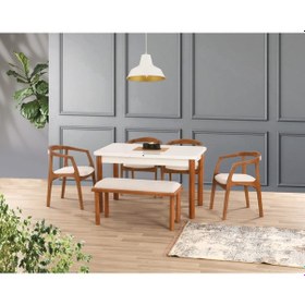 Resim Uyar Beyaz - Ceviz 1 Adet Bohem Bench 4 Adet Zaya Sandalye 160+30 