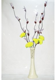 Resim 60 Cm Desenli Krem Rengi Vazo 5 Adet Mor Üzüm Sarı Çiçek 