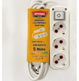 Resim Amiral 3' Lü Topraklı Anahtarlı 5 Metre Kablolu Grup Priz 1 