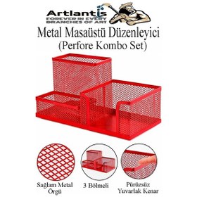 Resim Kırmızı Metal Evrak Rafı 3 Lü Ve Masaüstü Kalemlik 1 Paket Masaüstü A4 Dosya 3 Katlı Düzenleyici Kağıt Tepsisi Metal Kırmızı 