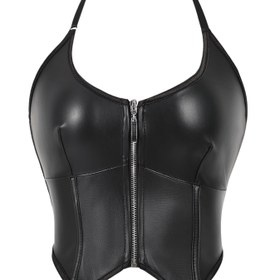 Resim Kadınlar İçin Siyah Korse Üst - Halter Boyunlu ve Ön Fermuarlı, Metalik Zincir Detayları, Şık Vücut Şekillendirici Bustiyer, Esnek Tasarım, Akşam Giyimi için Dayanıklı Yapı, Yetişkin Kadınlar için Form Veren Korset 