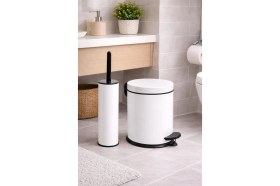 Resim Vinoks Eko Serisi Ayak Basmalı Özellikli 2'li Banyo Seti 3 Litre Çöp Kovası ve Kolozet Fırçası Paslanmaz Beyaz 