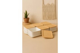 Resim Kitchen Life 7 Parça Kare Kahvaltılık Seti Bambu Görünümlü Kapaklarla 6 Parça Plastik 