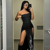 Resim Kadınlar için Seksi Alev Baskılı Askısız Bodycon Elbise - Kolsuz Orta Boy Yüksek Yırtmaçlı, Makinede Yıkanabilir Esnek Kumaş İlkbahar/Yaz Günlük & Akşam Kıyafetleri, Şık Kolsuz, Dijital Baskı Tasarım 