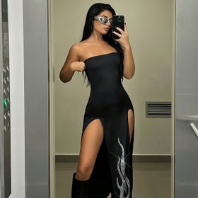 Resim Kadınlar için Seksi Alev Baskılı Askısız Bodycon Elbise - Kolsuz Orta Boy Yüksek Yırtmaçlı, Makinede Yıkanabilir Esnek Kumaş İlkbahar/Yaz Günlük & Akşam Kıyafetleri, Şık Kolsuz, Dijital Baskı Tasarım 