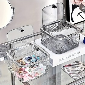 Resim Kapaklı Şeffaf Akrilik Saç Aksesuarları Düzenleyici Kutu - Bandanalar, Kurdeleler, Çubuklar ve Tokalar için Şık Depolama - Su Geçirmez, Çok Amaçlı Banyo veya Makyaj Masası Organizatörü, Banyo Aksesuarları 