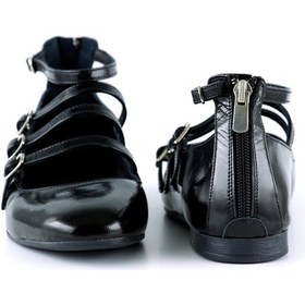 Resim Erkan Saçmacı Elenuta Siyah Hakiki Deri Rugan Dört Bant Tokalı Fermuarlı Balerin Babet Siyah 