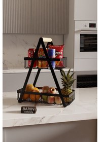 Resim İki Katlı Metal Telli Mutfak Düzenleyici Raf Organizer Meyve, Atıştırmalık, İçecek Ve Sebze Standı Siyah 