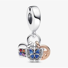 Resim Nur Silver İki Renkli Gökkuşağı Kalp, Kelebek Ve Barış Üçlü Sarkıt Charm Nur-cm00454 Gümüş 