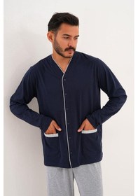 Resim Çift Kaplan Erkek Düz Önden Düğmeli Lacivert Pijama Takımı 8002 Lacivert 